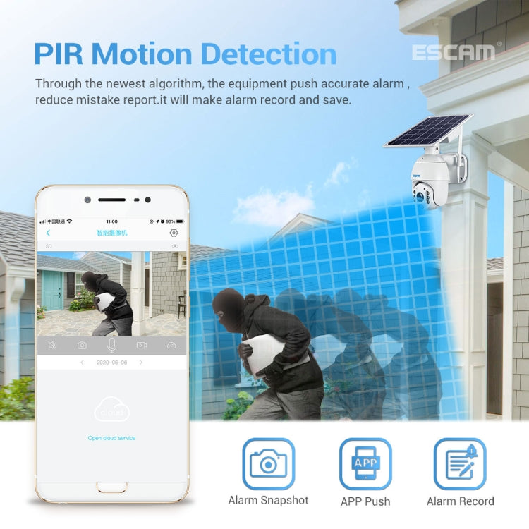 ESCAM QF480 EU Version HD 1080P IP66 Waterproof 4G Solar Panel PT IP Camera with Battery, Support Night Vision / Motion Detection / TF Card / Two Way Audio, with Battery(EU Version) ESCAM QF480 EU Version HD 1080P IP66 Waterproof 4G Solar Panel PT IP Camera with Battery, Support Night Vision / Motion Detection / TF Card / Two Way Audio, with Battery(EU Version)